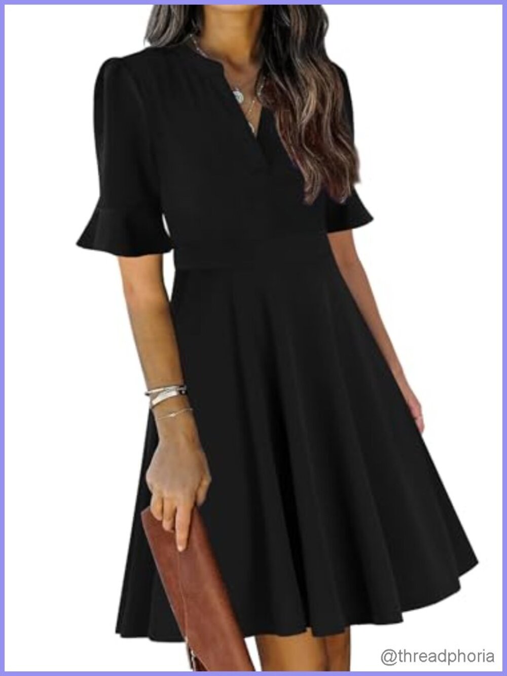 V Neck Ruffle Short Sleeve Fit and Flare Knee Length Dress with Pockets